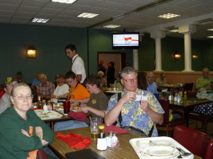 During a commercial break relaxing after what was clearly (see the empty plates) a great Luby's of Wichita Falls meal!